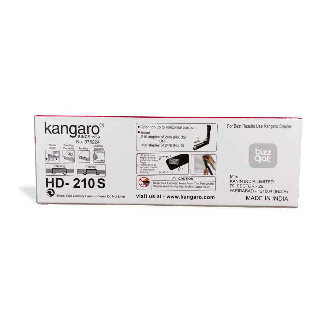 The Kangaro HD210S KILHD210S is a sturdy and durable stapler designed for use in offices, schools, and homes. Here are the specifications: Model: KILHD210S Brand: Kangaro Staple type: 24/6, 26/6 Stapling capacity: Up to 20 sheets of 70 gsm paper Throat depth: 65mm Loading capacity: 100 staples Construction: Metal body with a plastic handle and base Staple storage: No Adjustable paper guide: Yes, with a locking mechanism Non-skid base: Yes, to prevent slipping during use