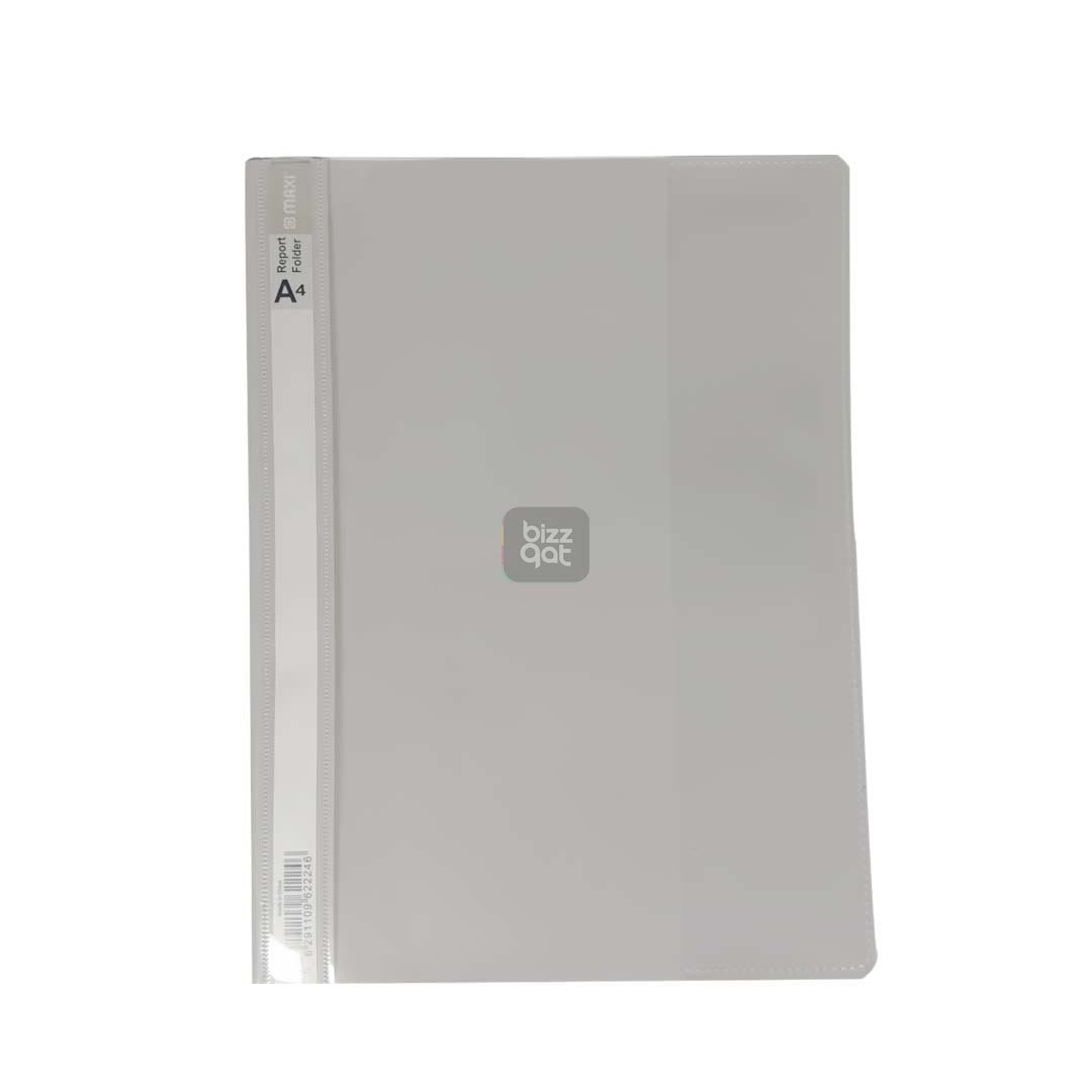 Maxi Report File A4 GREY MX-RPFGY: Product type: Report file folder Size: A4 Color: Grey Material: Polypropylene Features: Clear cover for easy visibility of contents, opaque back cover for added protection, inner pockets for holding loose papers, business cards, or CDs Capacity: Holds up to 50 sheets of A4 paper (80 gsm)