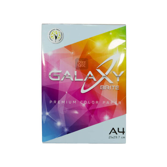 Galaxy A4 Blue Color Paper Ream has the following specifications:  Paper Type: Colored Paper Brand: Galaxy Size: A4 (210mm x 297mm) Color: Blue Weight: 80gsm Finish: Smooth Quantity: 500 sheets per ream Packaging: Comes in a ream-wrapped package